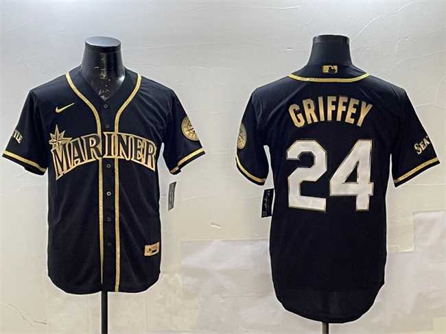 Men%27s Seattle Mariners #24 Ken Griffey Jr. Black Gold Cool Base Stitched Jersey
